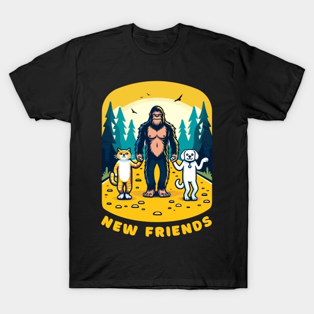 Big Foot Sasquatch becomes friends with a cat and a dog, funny t-shirt for lovers of cats, dogs and the outdoors. T-Shirt by Cat In Orbit ®